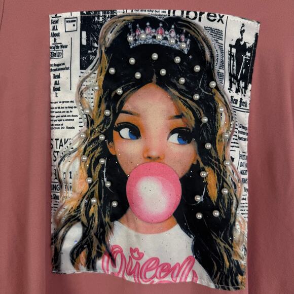 TMG New York Womens Girl Bubble Gum Queen Pearl Graphic Pink Hoodie Dress Medium - Picture 5 of 10